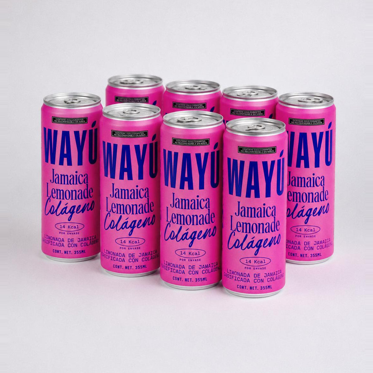Pack de 8 latas Wayú Jamaica Lemonade Colágeno, foto de estudio