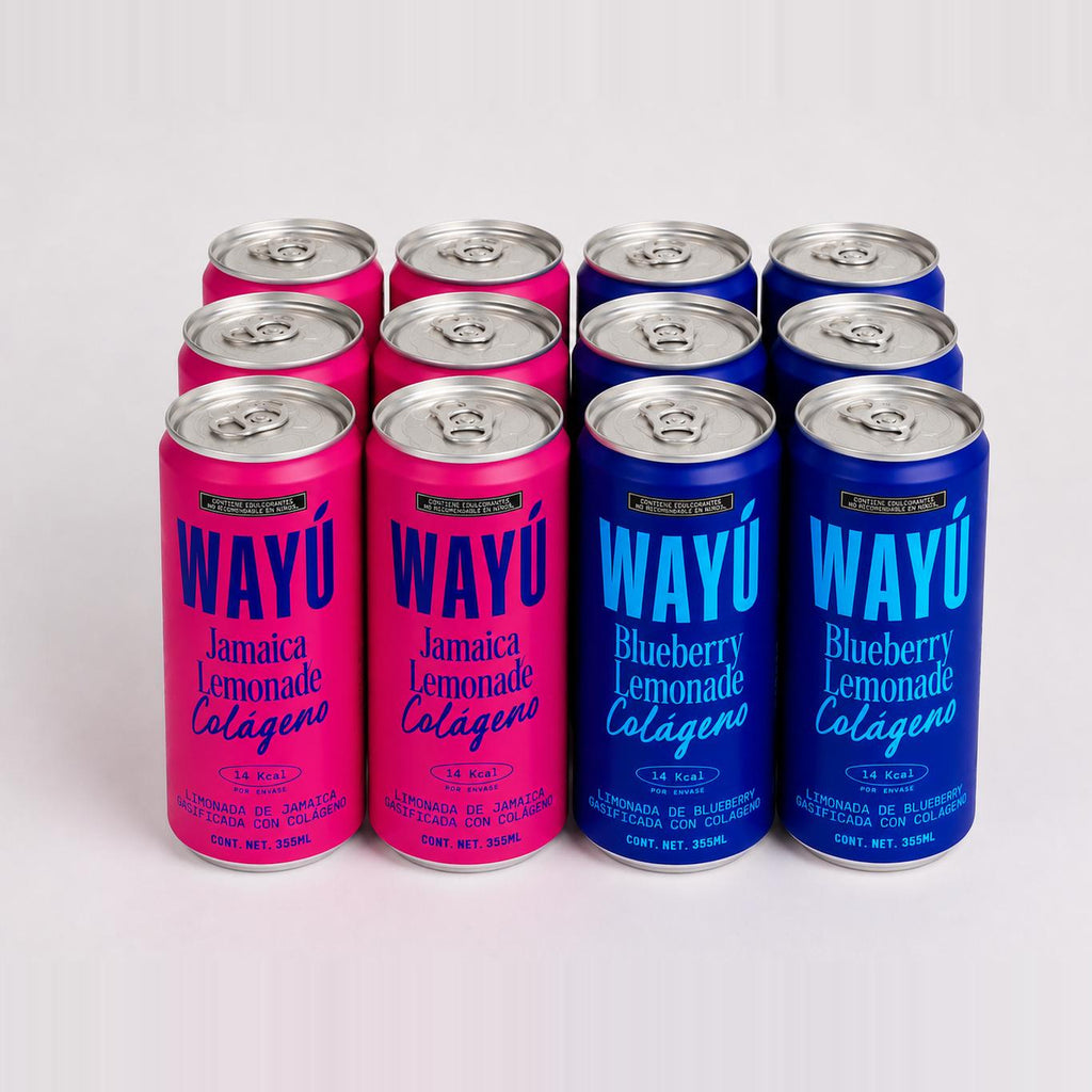 Pack duo de 12 latas Wayú Jamaica y Blueberry Colágeno, foto de estudio