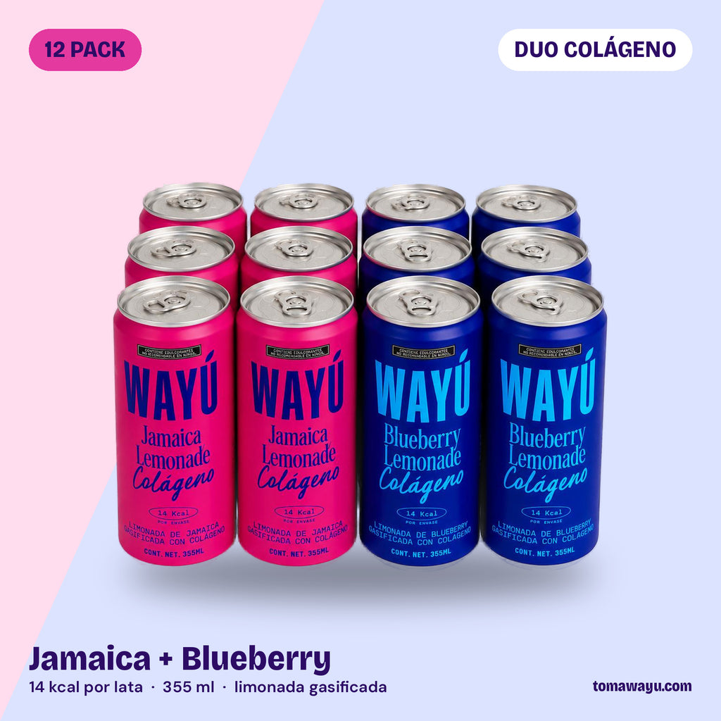 Wayú Duo Colágeno 12 pack: 6 latas Jamaica Lemonade y 6 Blueberry Lemonade con colágeno hidrolizado, limonadas gasificadas hechas en Guadalajara, México