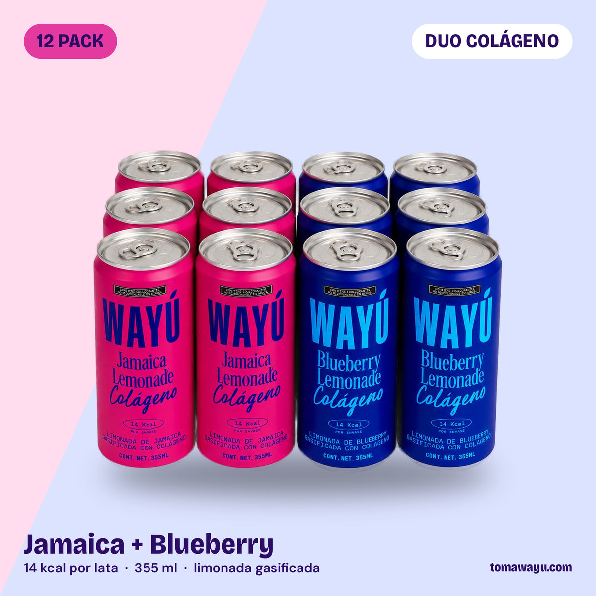 Wayú Duo Colágeno 12 pack: 6 latas Jamaica Lemonade y 6 Blueberry Lemonade con colágeno hidrolizado, limonadas gasificadas hechas en Guadalajara, México