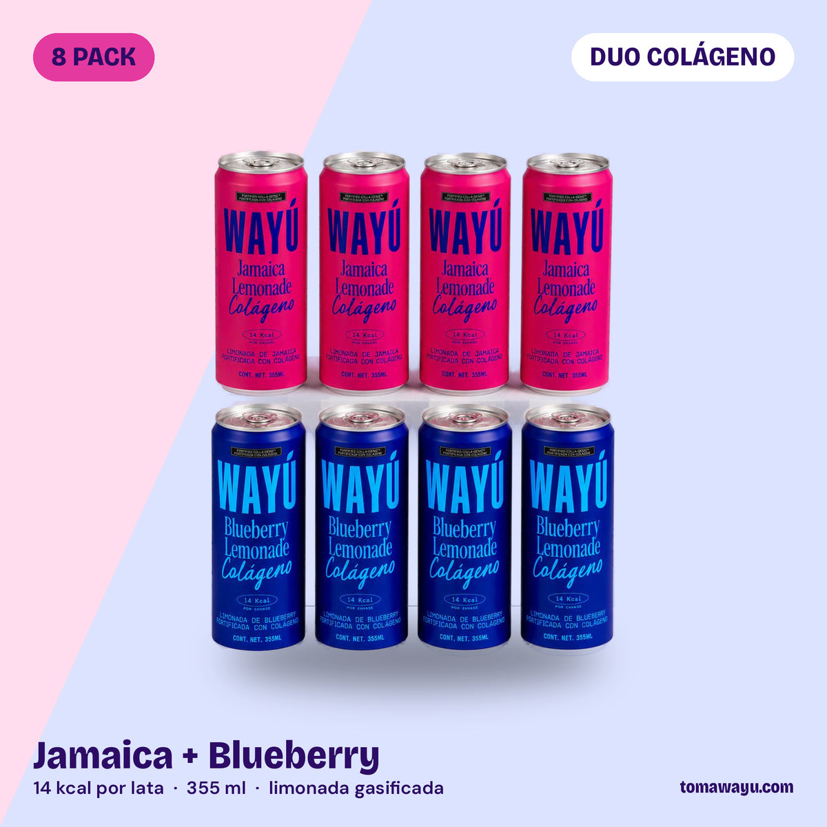 Wayú Duo Colágeno 8 pack: 4 latas Jamaica Lemonade y 4 Blueberry Lemonade con colágeno hidrolizado, limonadas gasificadas hechas en Guadalajara, México