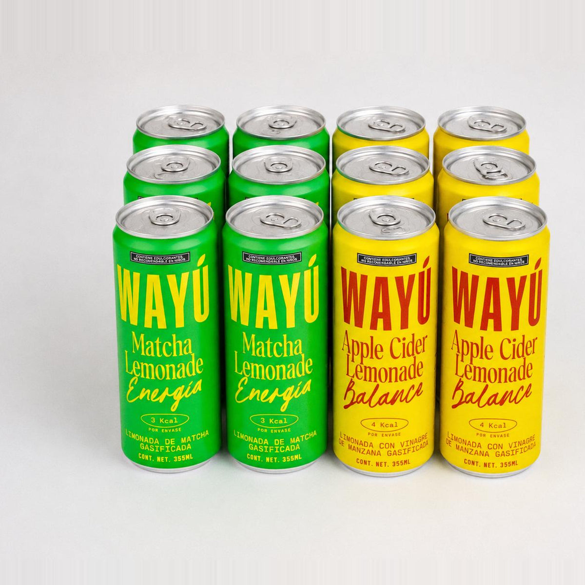 Pack duo de 12 latas Wayú Matcha y Apple Cider, foto de estudio