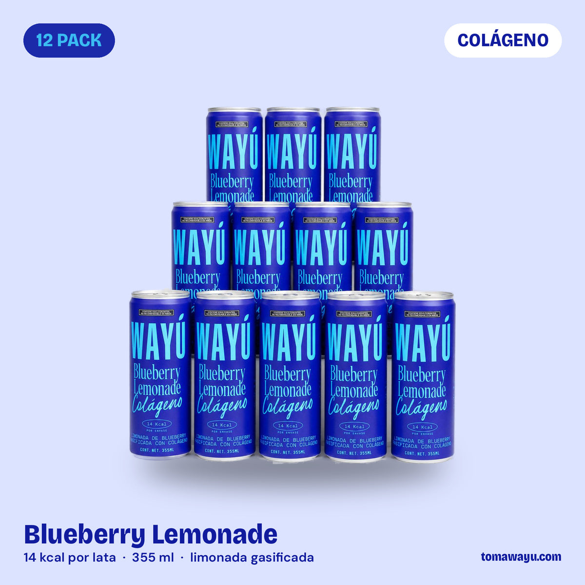 Wayú Blueberry Lemonade Colágeno 12 pack: limonada gasificada de blueberry con colágeno hidrolizado, 14 kcal por lata de 355 ml, hecha en Guadalajara, México