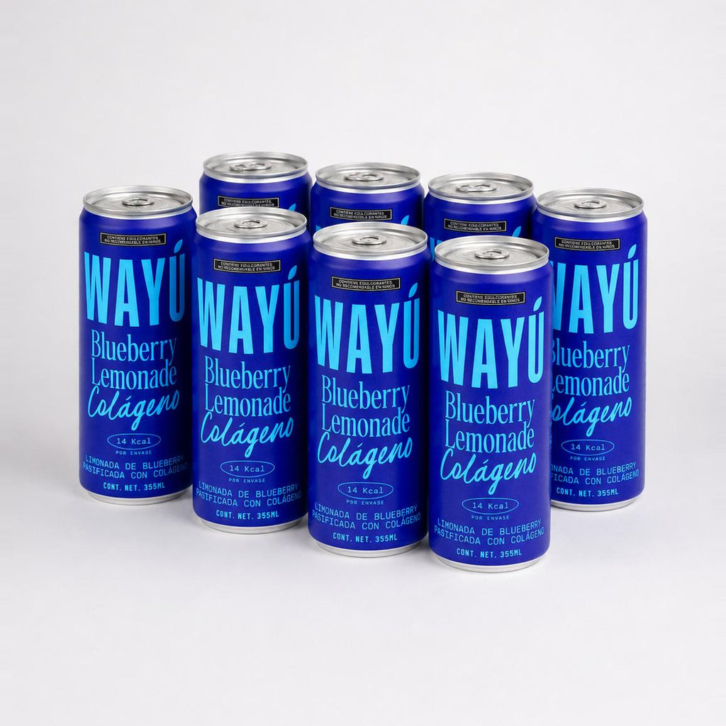 Pack de 8 latas Wayú Blueberry Lemonade Colágeno, foto de estudio