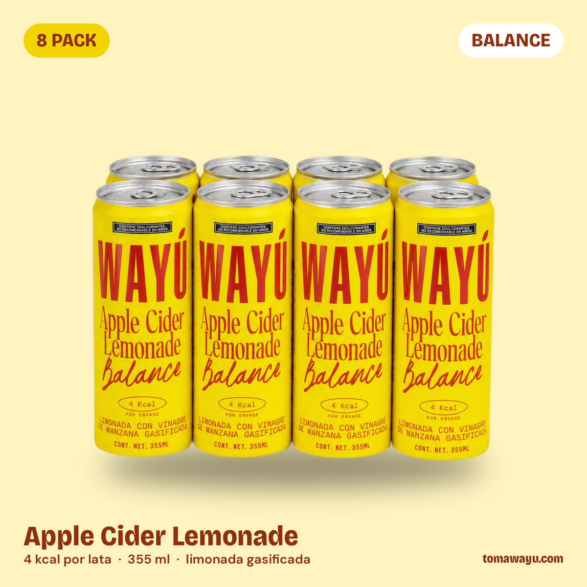 Wayú Apple Cider Lemonade Balance 8 pack: limonada gasificada con vinagre de manzana, 4 kcal por lata de 355 ml, hecha en Guadalajara, México