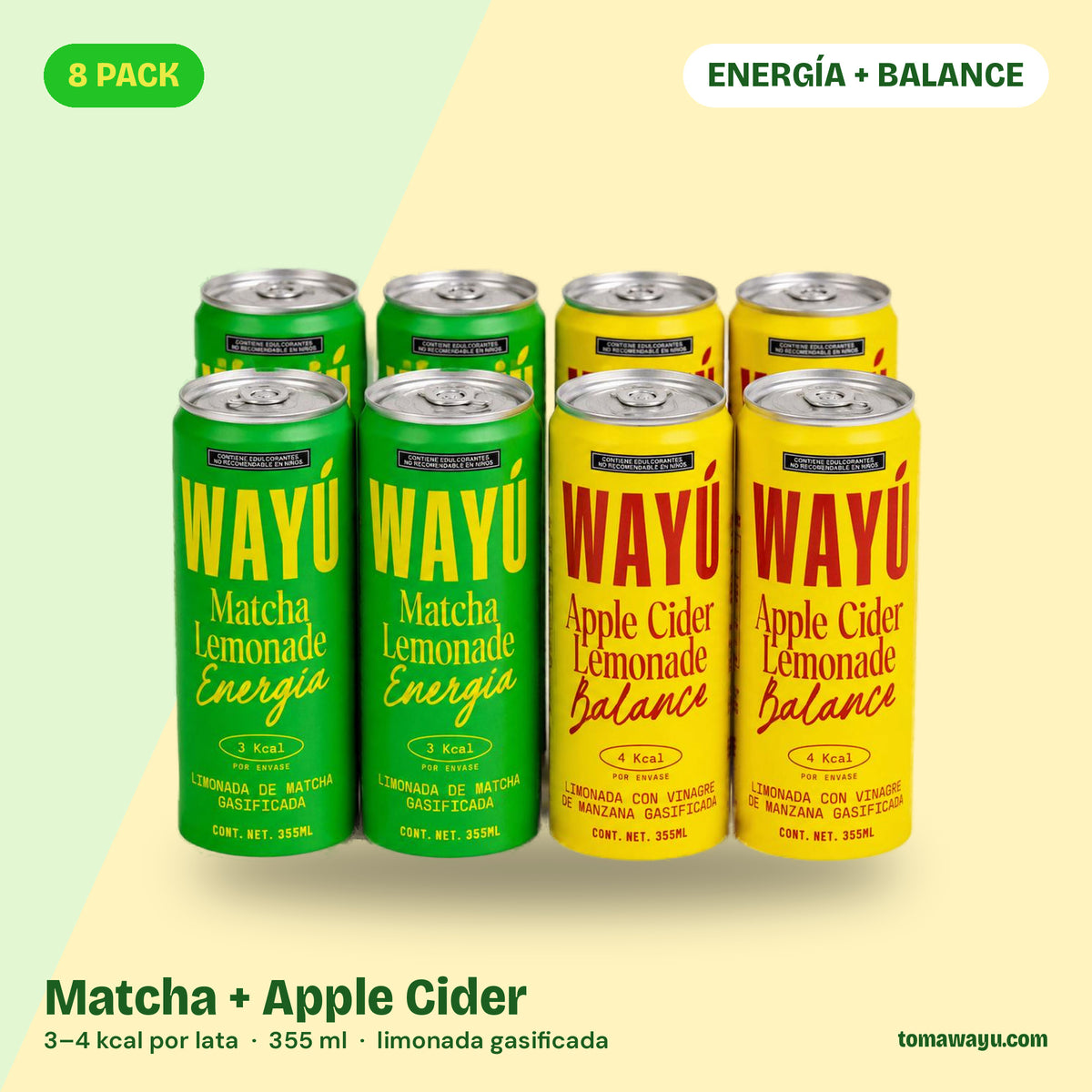 Wayú Duo Energía + Balance 8 pack: 4 latas Matcha Lemonade y 4 Apple Cider Lemonade, limonadas gasificadas hechas en Guadalajara, México