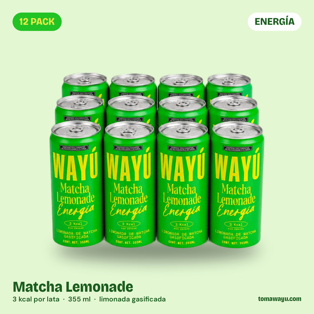 Wayú Matcha Lemonade Energía 12 pack: limonada gasificada de matcha con cafeína natural, 3 kcal por lata de 355 ml, hecha en Guadalajara, México