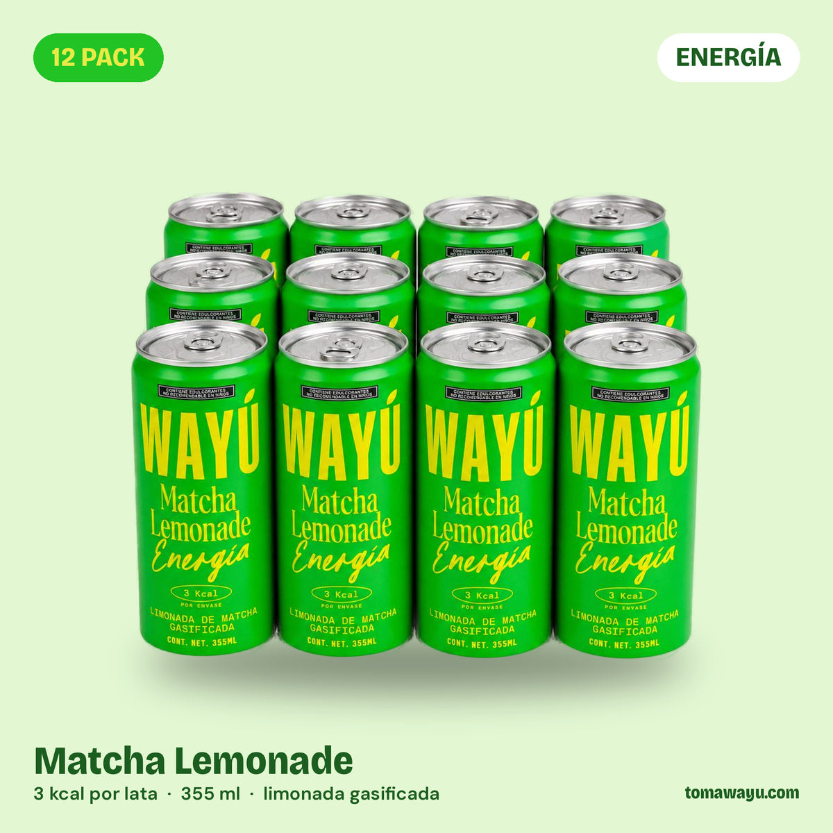 Wayú Matcha Lemonade Energía 12 pack: limonada gasificada de matcha con cafeína natural, 3 kcal por lata de 355 ml, hecha en Guadalajara, México