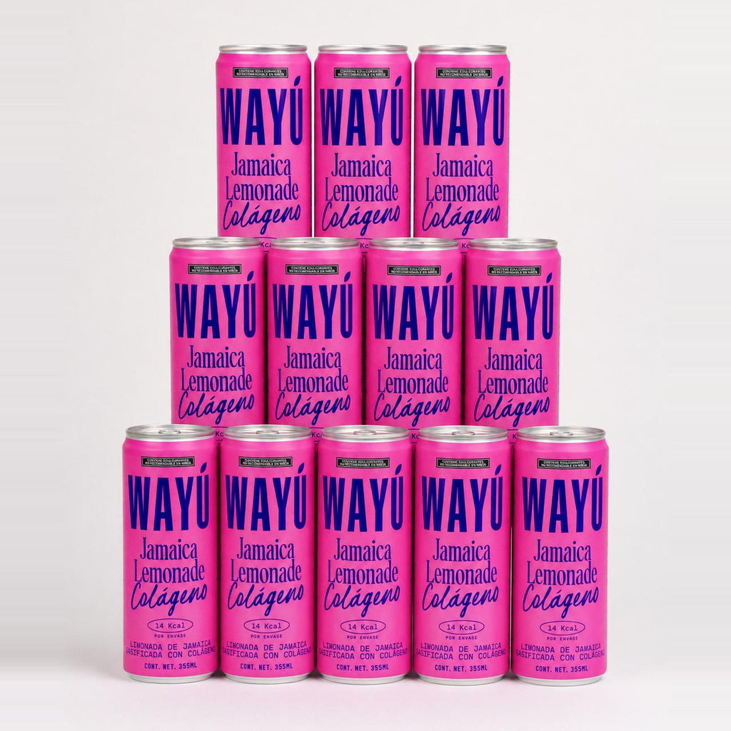 Pack de 12 latas Wayú Jamaica Lemonade Colágeno, foto de estudio