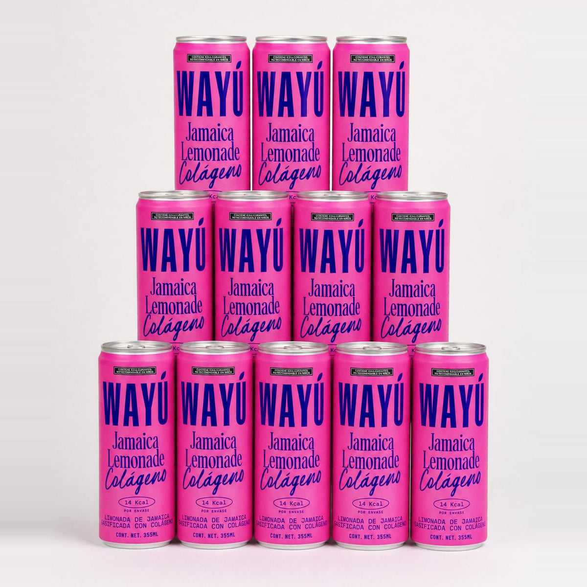 Pack de 12 latas Wayú Jamaica Lemonade Colágeno, foto de estudio