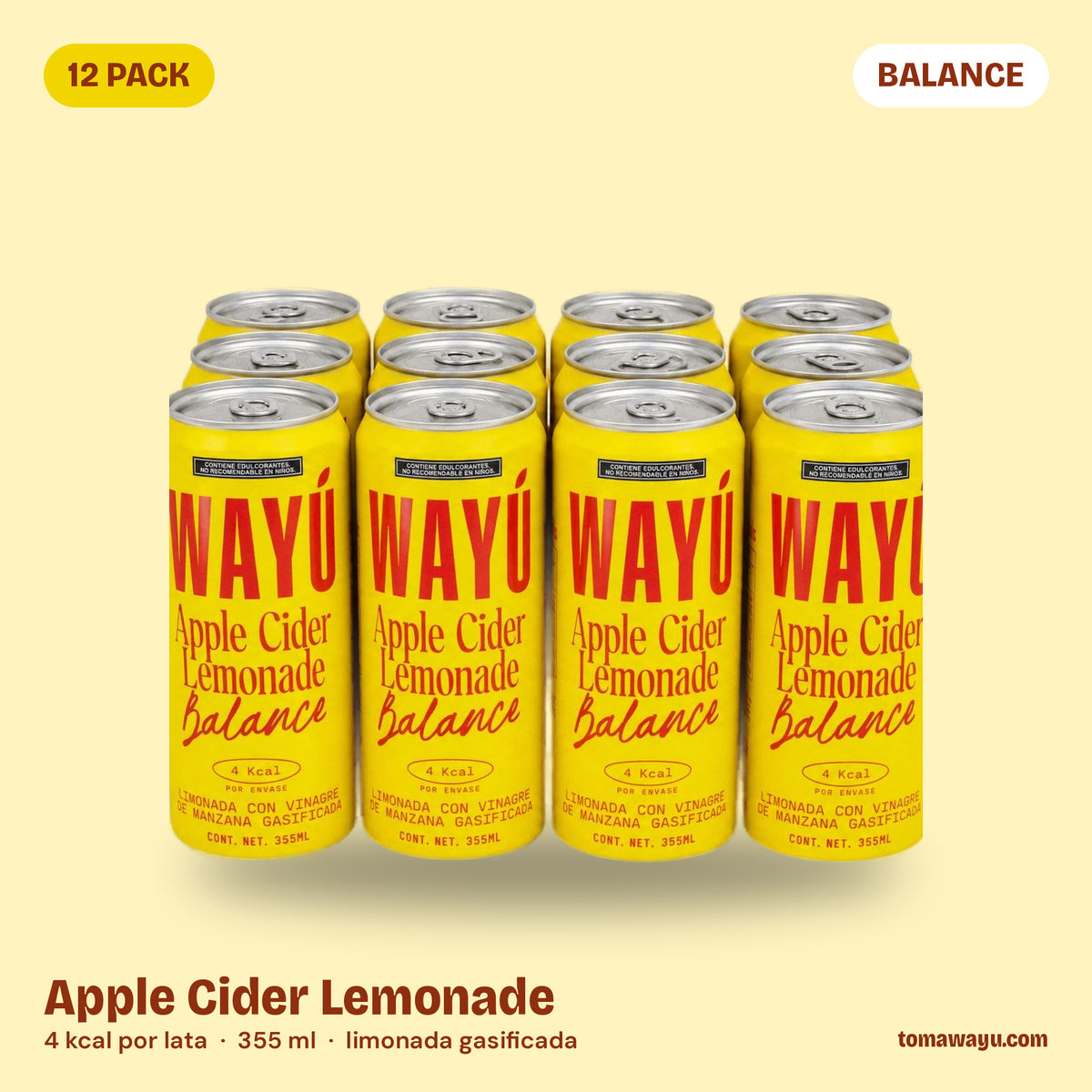Wayú Apple Cider Lemonade Balance 12 pack: limonada gasificada con vinagre de manzana, 4 kcal por lata de 355 ml, hecha en Guadalajara, México