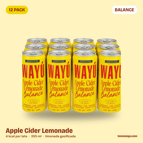 Wayú Apple Cider Lemonade Balance 12 pack: limonada gasificada con vinagre de manzana, 4 kcal por lata de 355 ml, hecha en Guadalajara, México