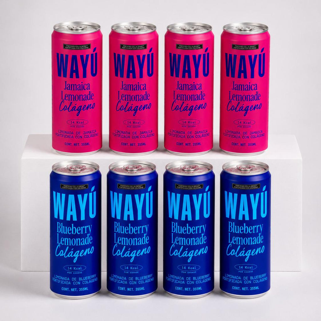 Pack duo de 8 latas Wayú Jamaica y Blueberry Colágeno, foto de estudio