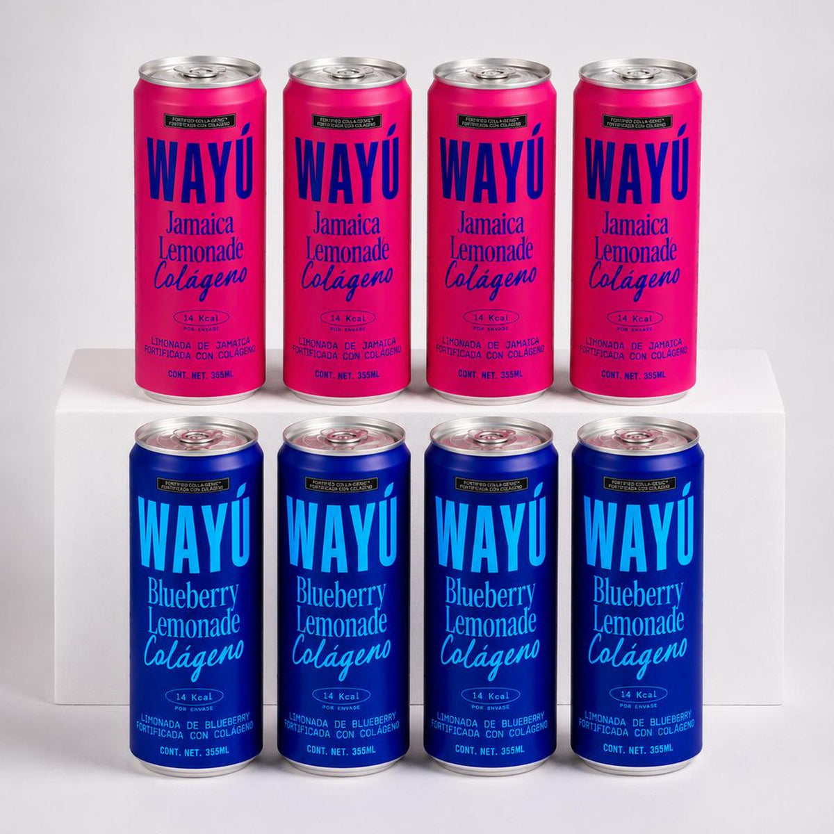 Pack duo de 8 latas Wayú Jamaica y Blueberry Colágeno, foto de estudio
