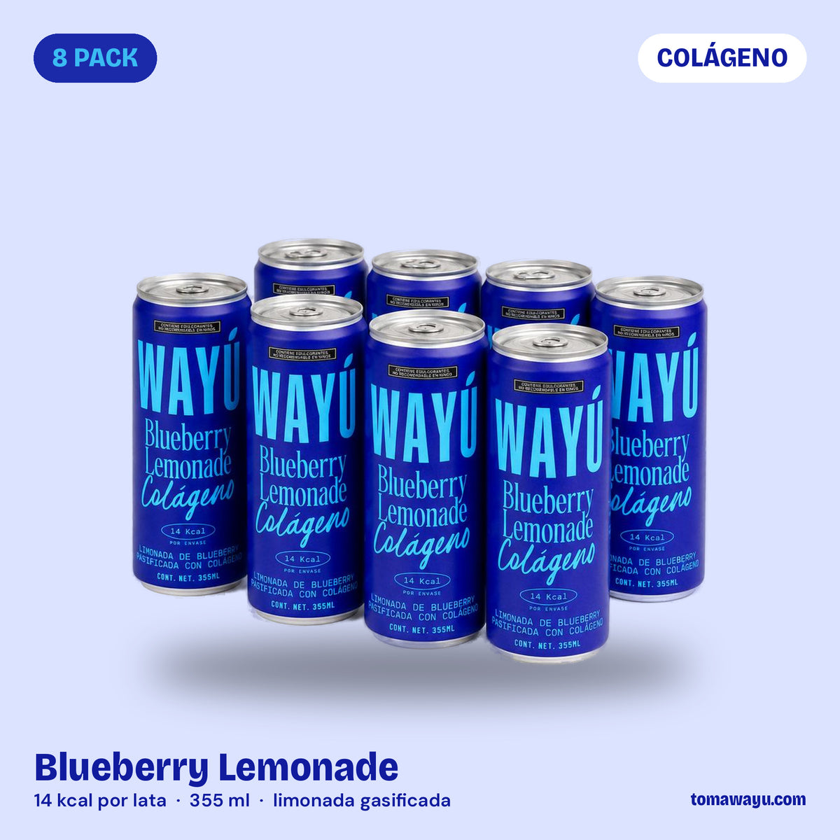 Wayú Blueberry Lemonade Colágeno 8 pack: limonada gasificada de blueberry con colágeno hidrolizado, 14 kcal por lata de 355 ml, hecha en Guadalajara, México