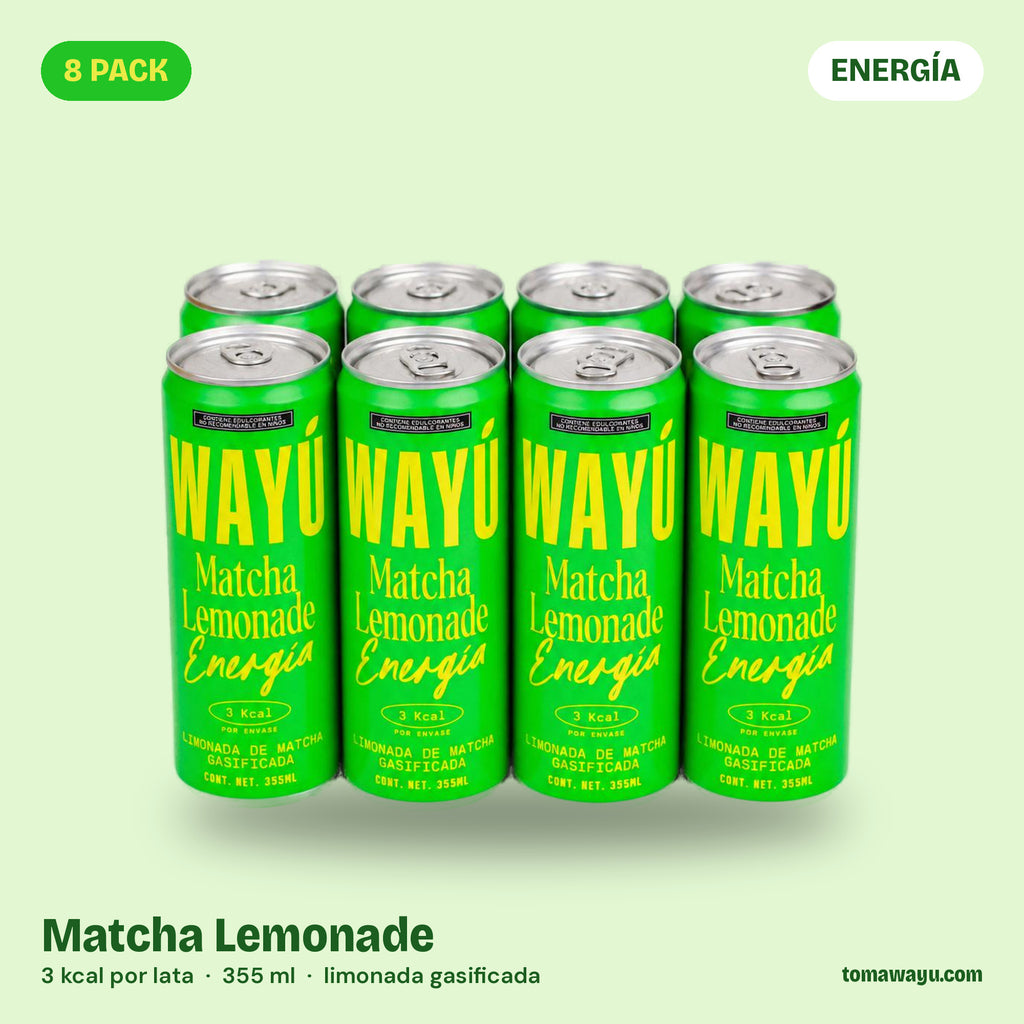 Wayú Matcha Lemonade Energía 8 pack: limonada gasificada de matcha con cafeína natural, 3 kcal por lata de 355 ml, hecha en Guadalajara, México