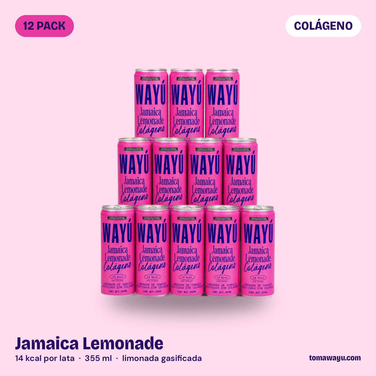 Wayú Jamaica Lemonade Colágeno 12 pack: limonada gasificada de flor de jamaica con colágeno hidrolizado, 14 kcal por lata de 355 ml, hecha en Guadalajara, México