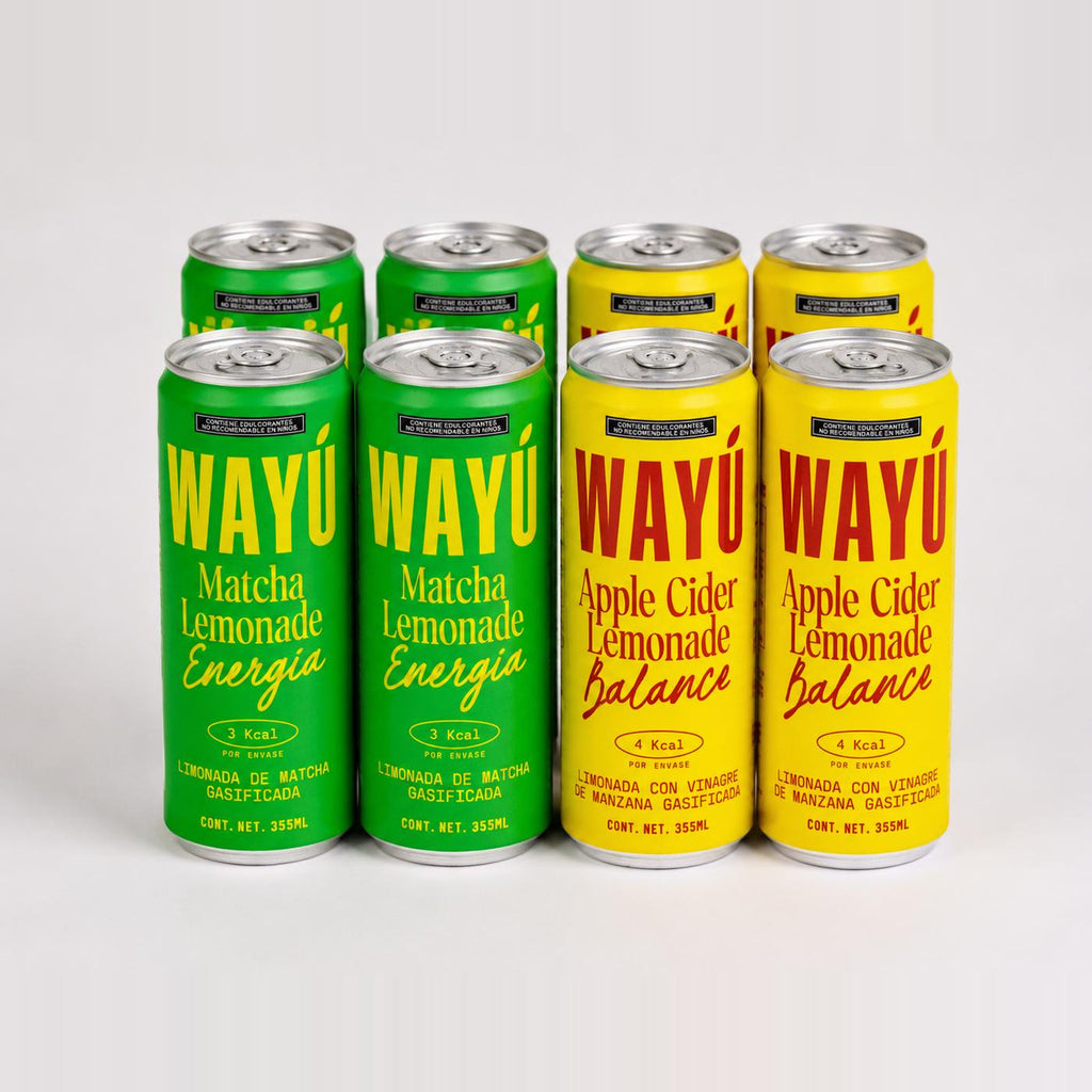 Pack duo de 8 latas Wayú Matcha y Apple Cider, foto de estudio