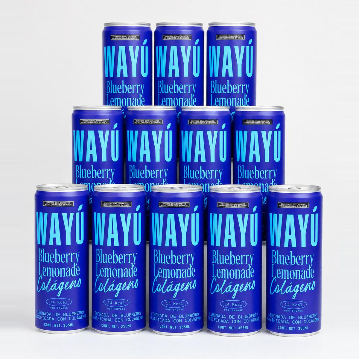Pack de 12 latas Wayú Blueberry Lemonade Colágeno, foto de estudio
