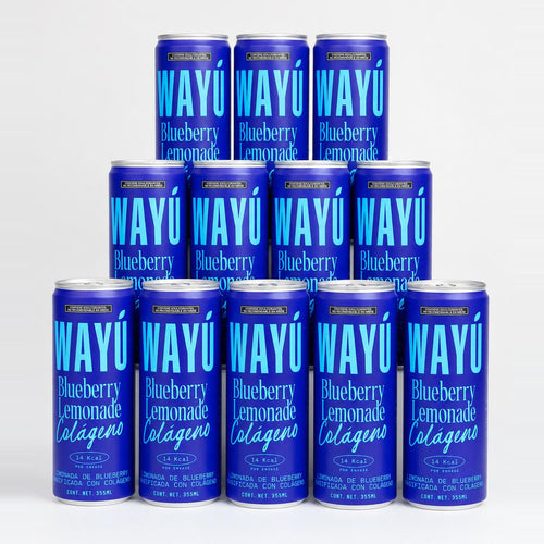 Pack de 12 latas Wayú Blueberry Lemonade Colágeno, foto de estudio
