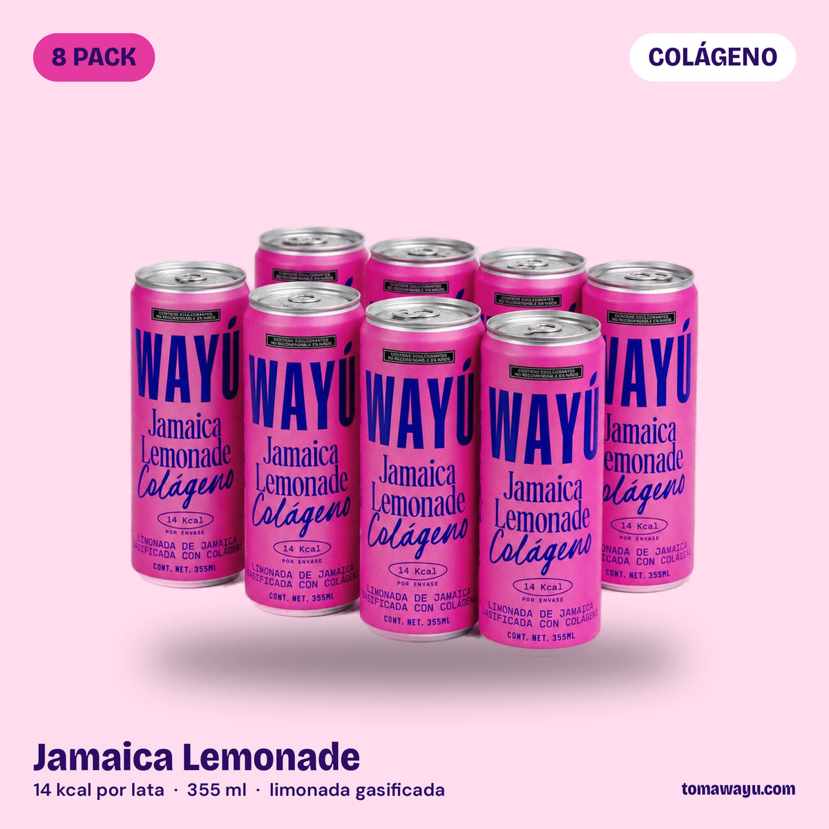 Wayú Jamaica Lemonade Colágeno 8 pack: limonada gasificada de flor de jamaica con colágeno hidrolizado, 14 kcal por lata de 355 ml, hecha en Guadalajara, México