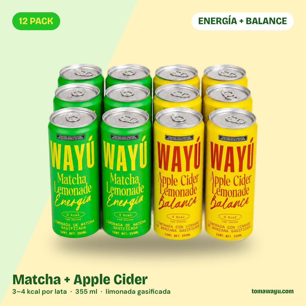 Wayú Duo Energía + Balance 12 pack: 6 latas Matcha Lemonade y 6 Apple Cider Lemonade, limonadas gasificadas hechas en Guadalajara, México