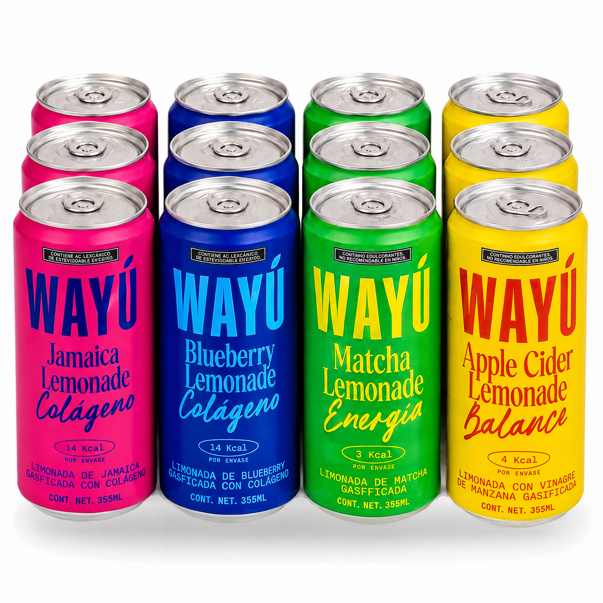 Bodegón · Mix 4 Sabores Wayú 12 pack: 3 latas de Jamaica, 3 Blueberry, 3 Matcha y 3 Apple Cider