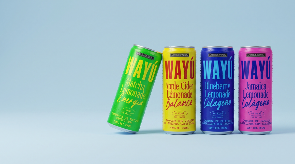 Wayú: cuatro limonadas gasificadas funcionales en lata de 355 ml (Matcha Energía, Apple Cider Balance, Blueberry Colágeno y Jamaica Colágeno), hechas en Guadalajara, México
