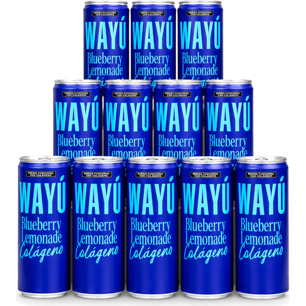 Wayú Blueberry Lemonade Colágeno 12 pack: limonada gasificada de blueberry con colágeno hidrolizado, 14 kcal por lata de 355 ml, hecha en Guadalajara, México