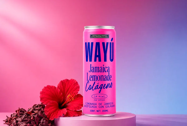 Wayú Jamaica Lemonade Colágeno 12 pack: limonada gasificada de flor de jamaica con colágeno hidrolizado, 14 kcal por lata de 355 ml, hecha en Guadalajara, México