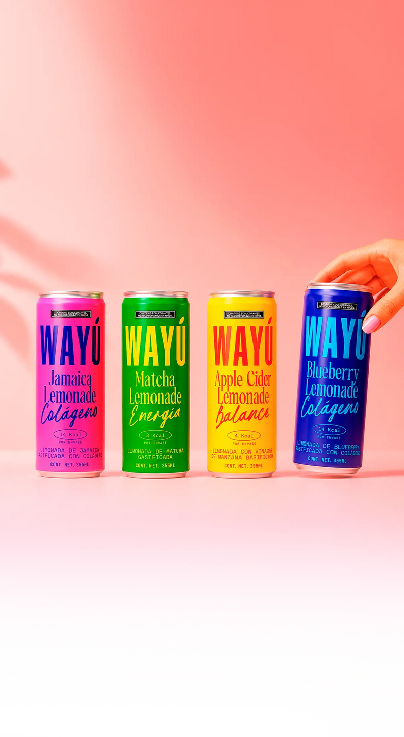 Cuatro latas de limonada Wayú: Jamaica, Matcha, Apple Cider y Blueberry
