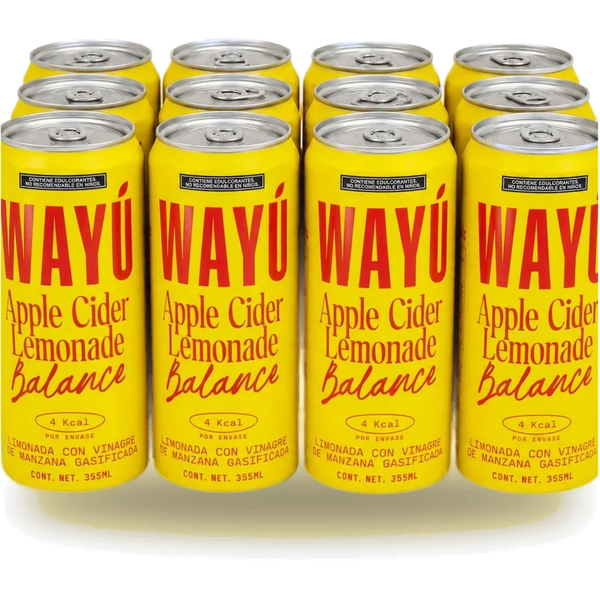Wayú Apple Cider Lemonade Balance 12 pack: limonada gasificada con vinagre de manzana, 4 kcal por lata de 355 ml, hecha en Guadalajara, México