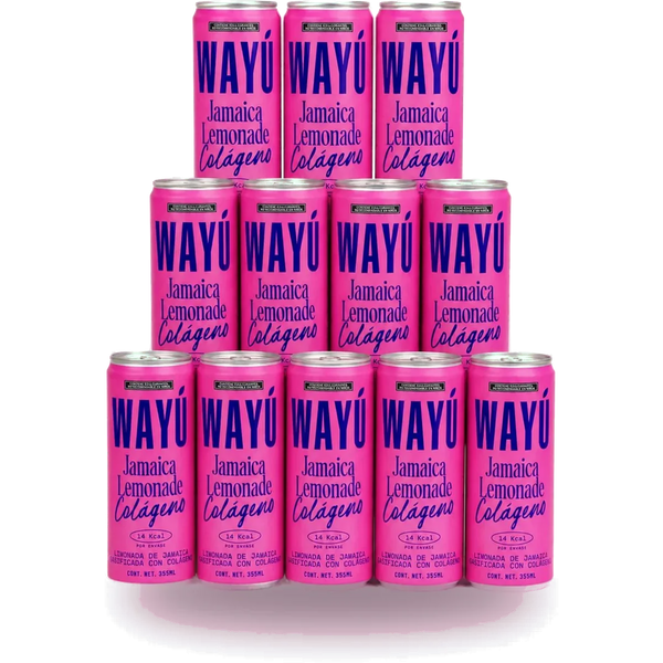 Wayú Jamaica Lemonade Colágeno 12 pack: limonada gasificada de flor de jamaica con colágeno hidrolizado, 14 kcal por lata de 355 ml, hecha en Guadalajara, México